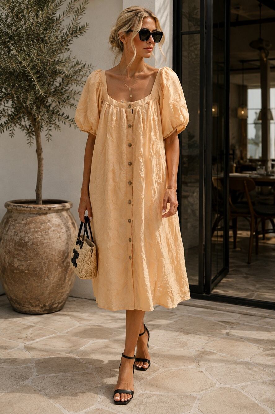 Apricot Puff Sleeve Button Front Midi Dress Cottagecore Boho Romantic size Small